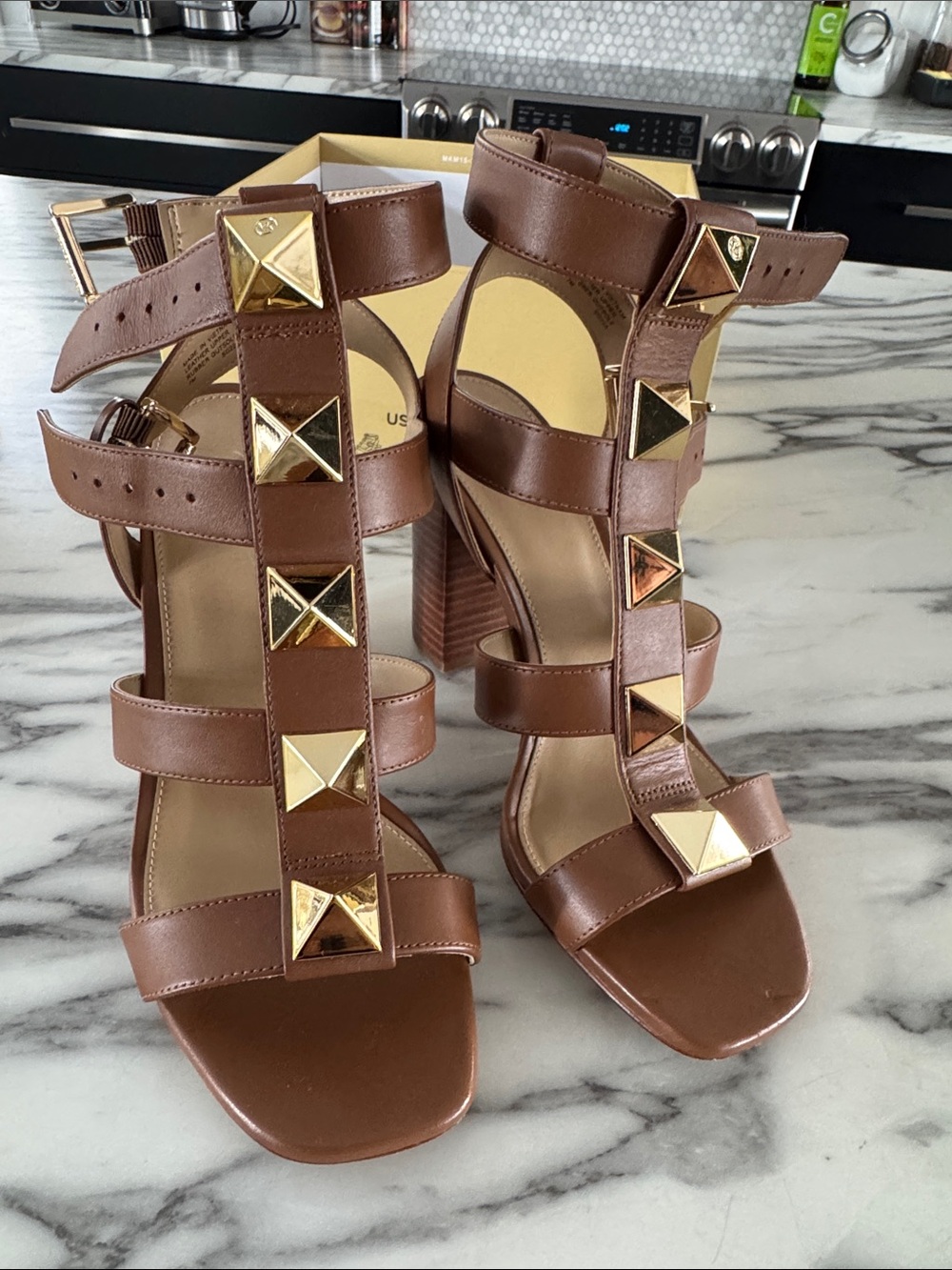 Michael Kors Brown Leather Studded Block Heel Sandals
